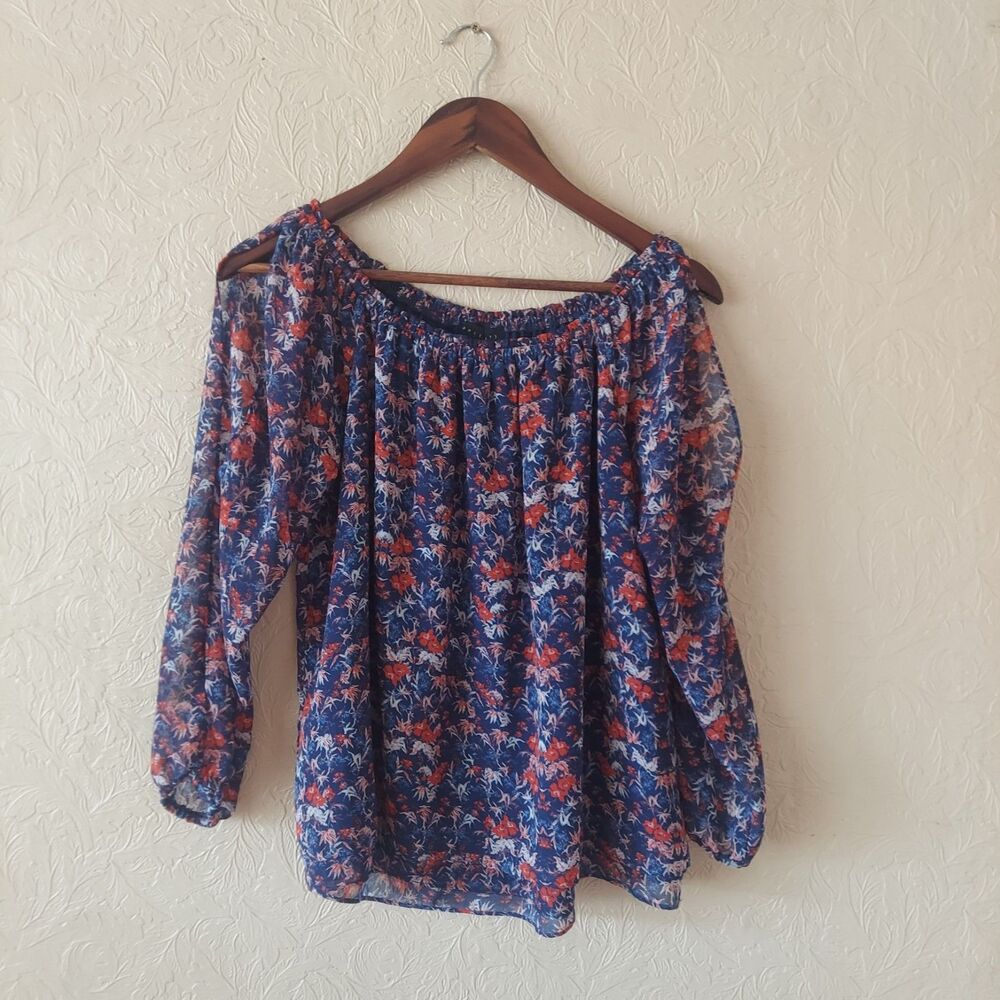 Socialite Blue Red Floral Cold Shoulder Blouse With Sheer Sleeves - Small